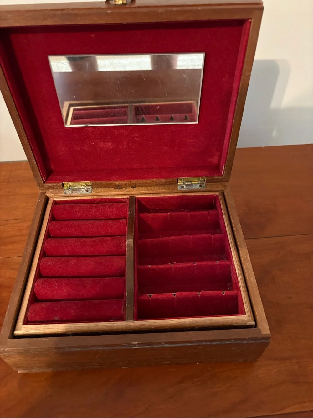 Wooden Jewelry Box Tapestry Lid Red Velvet Mirror Organizer Japan